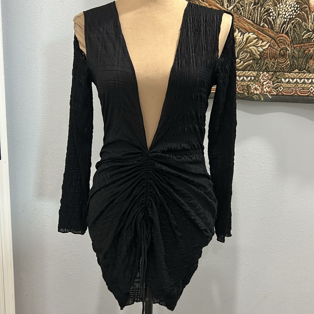 Long Sleeve Black Mini Dress With Plunging Neckline and Ruched Drawstring Center